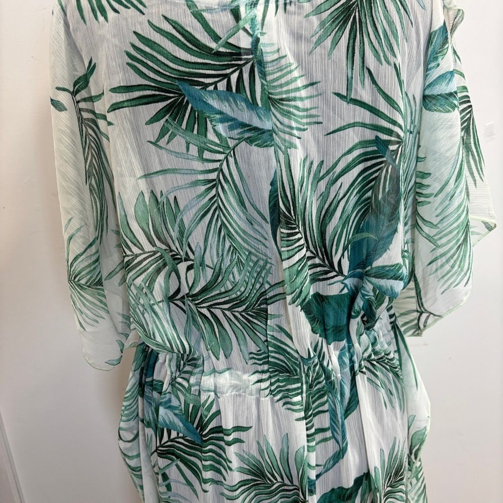 Kona Sol Tropical Palm Leaf Midi Dress Cover Up M Green Resort Vacation Tassel - Picture 9 of 14